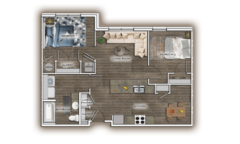 Floor plan for 2 beds, 1 bath, 876 sqft